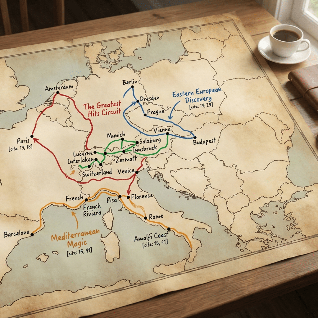 Map of the 4 classic European coach tour routes: Greatest Hits, Eastern Discovery, Mediterranean, Alpine.