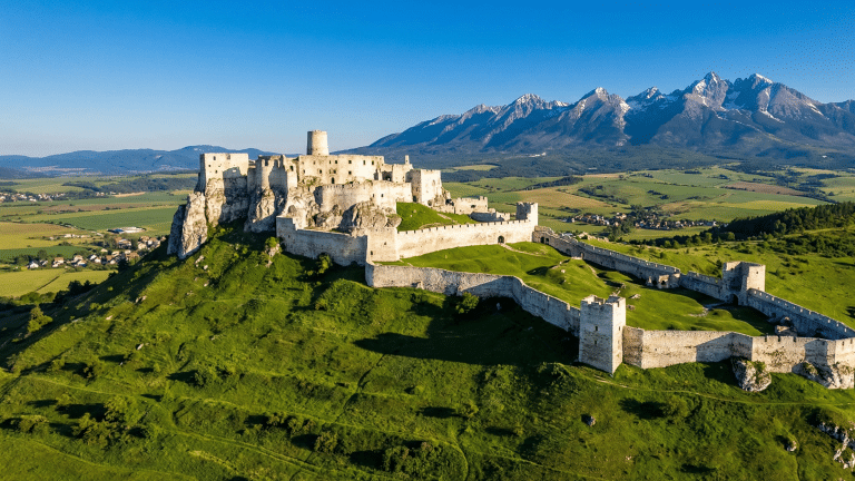 An aerial wide shot of the extensive Spiš Castle ruins situated on a lush green hilltop in Slovakia, bathed in warm sunlight, with the jagged High Tatra mountains visible in the background under a clear blue sky.