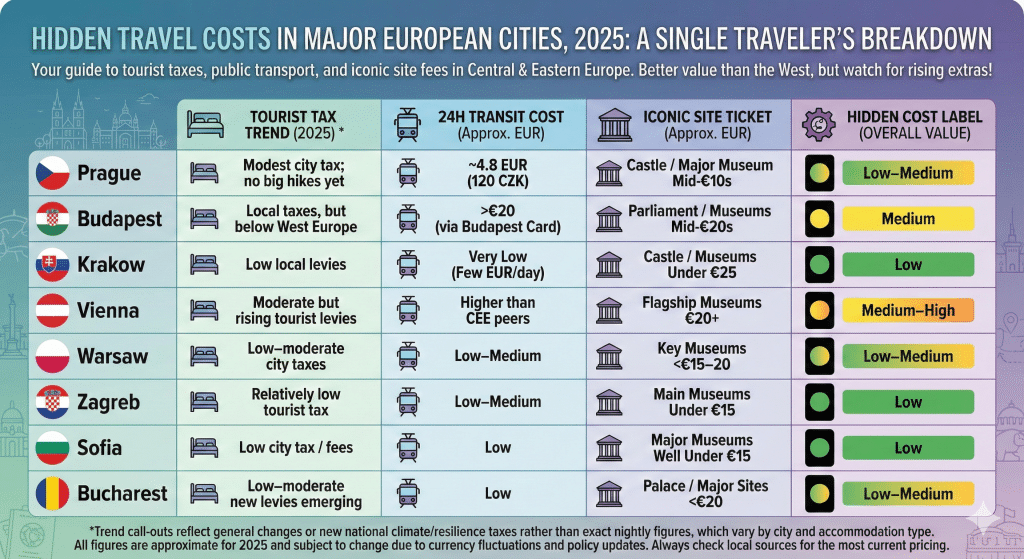 The Real Cost of Europe Guided Tours vs. Independent Travel (A Complete Cost Breakdown) - Hidden Travel Costs in Major European Cities, 2025: A Single Traveler's Breakdown," comparing tourist tax trends, 24h transit costs, and iconic site ticket prices. The chart lists data for Prague, Budapest, Krakow, Vienna, Warsaw, Zagreb, Sofia, and Bucharest, assigning an overall value label (Low to Medium-High) to each city using color-coded bars.