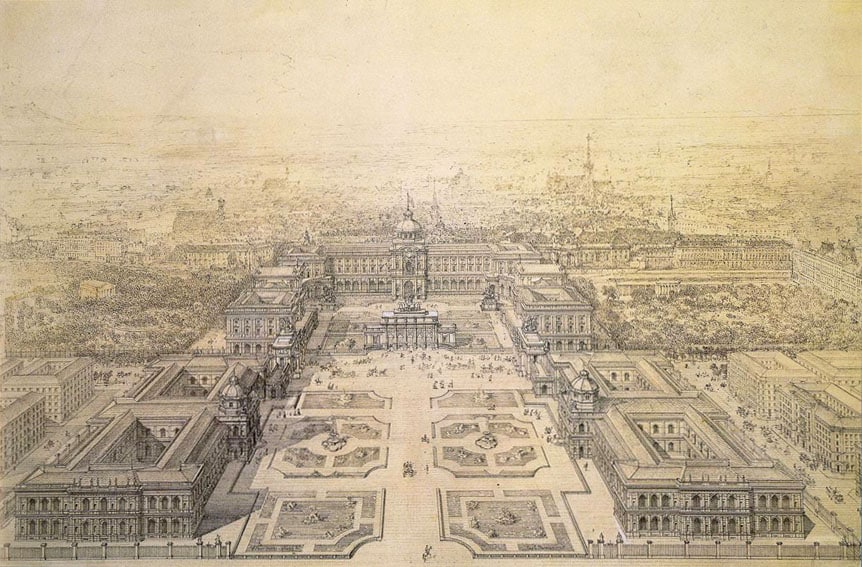 Vintage sepia-toned pencil drawing or engraving depicting a panoramic bird's-eye view of Maria-Theresien-Platz, the twin museums, and the Hofburg Palace complex in Vienna.