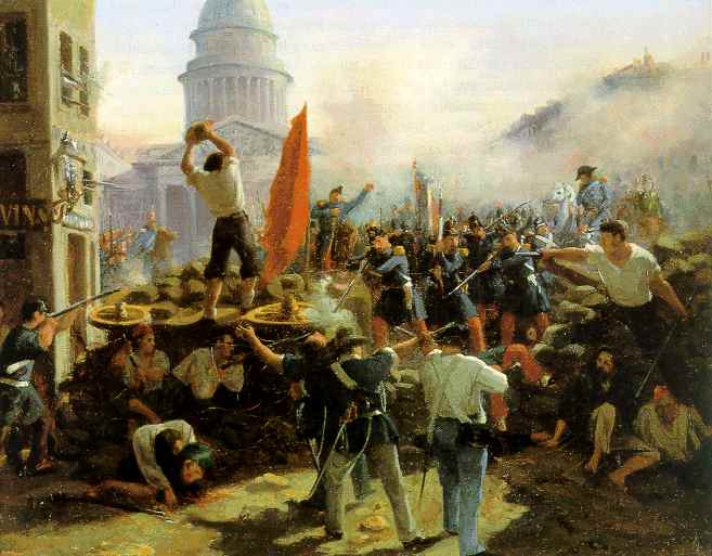 Oil painting depicting the 1848 Berlin Revolution, showing civilians and soldiers fighting at a barricade in front of the Gendarmenmarkt domed church.