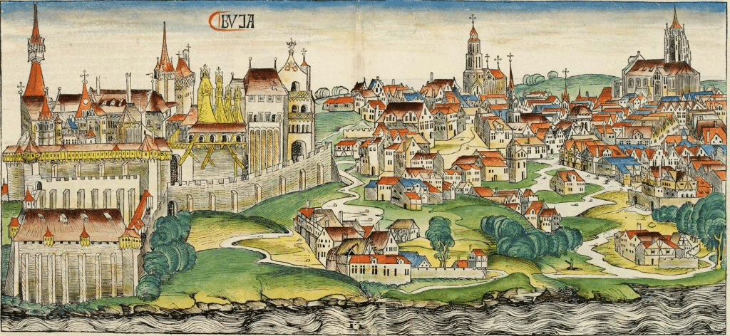 A rare hand-colored woodcut illustration from the 1493 Nuremberg Chronicle depicting the medieval city of Buda (Budapest). The scene features the fortified Buda Castle on the left, a dense gothic town with church spires on the right, and the Danube River in the foreground, labeled with the gothic text "BVDA".