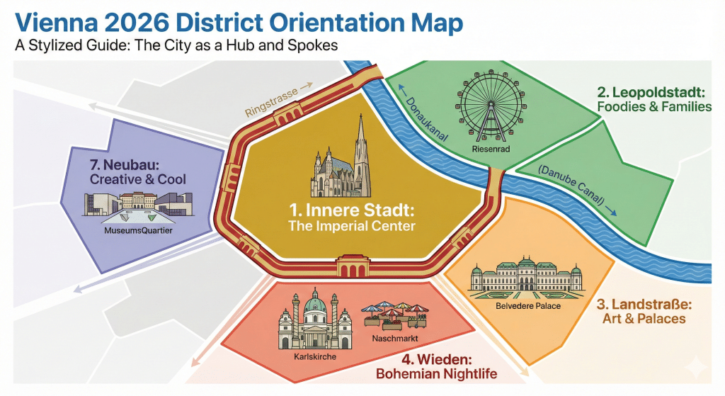 Vienna 2026 District Orientation Map" illustrating central districts as a hub and spokes. "1. Innere Stadt" is gold with St. Stephen's Cathedral; "2. Leopoldstadt" is green with the Riesenrad; "3. Landstraße" is orange with Belvedere Palace; "4. Wieden" is red with Karlskirche; and "7. Neubau" is purple with MuseumsQuartier.