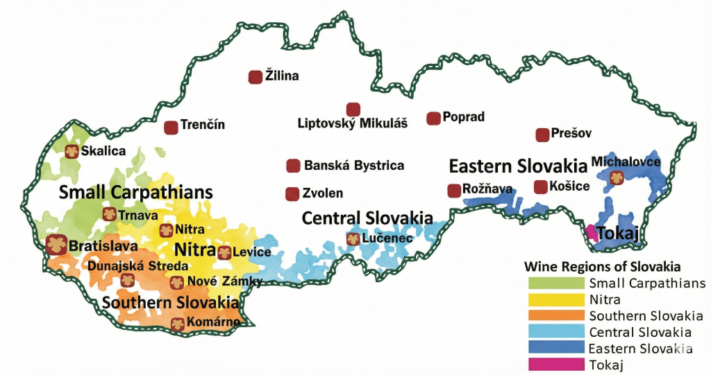 A color-coded map of Slovakia illustrating the six main wine regions: Small Carpathians, Nitra, Southern Slovakia, Central Slovakia, Eastern Slovakia, and Tokaj. The map includes a legend and labels for major cities like Bratislava, Košice, and Žilina.