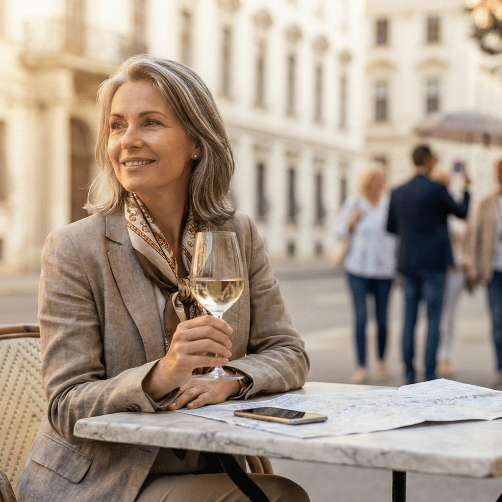 A smiling mature woman with grey hair sits at an outdoor café table holding a glass of white wine. She wears a beige blazer and silk scarf. An open city map and a smartphone sit on the marble table in front of her, with blurred European buildings in the background.
