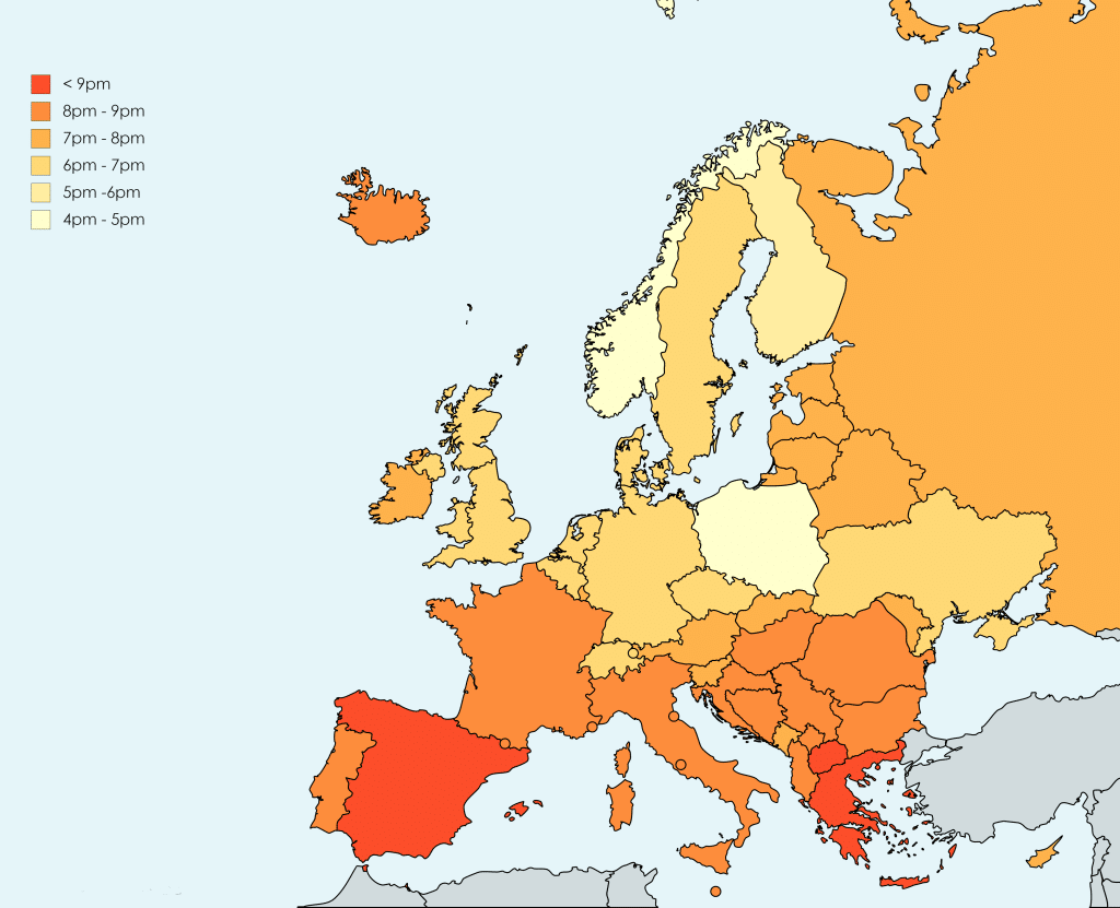 European Dining Etiquette - A color-coded choropleth map of Europe illustrating average dinner times by country. The data shows a gradient from early dining in Scandinavia and Poland (4pm - 5pm) to late dining in Spain, Greece, and Italy (>9pm).Base map EU