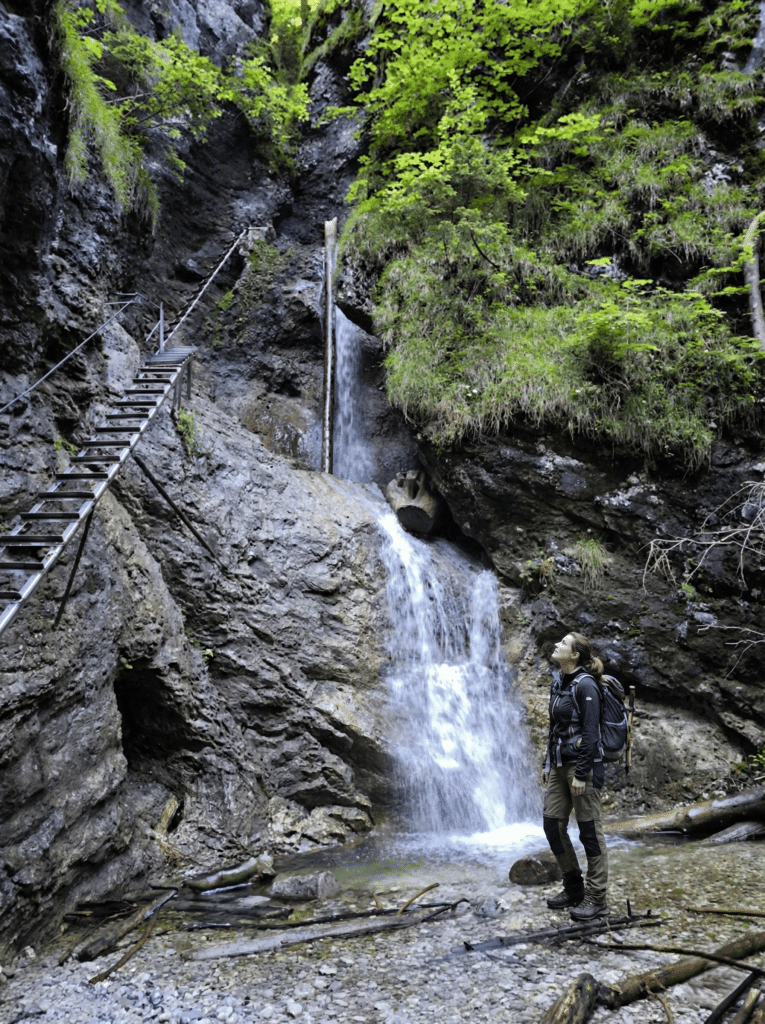 A female hiker looking up at the metal ladders and Misové Waterfalls in the Suchá Belá gorge, Slovak Paradise National Park, surrounded by steep limestone rock walls and lush greenery.