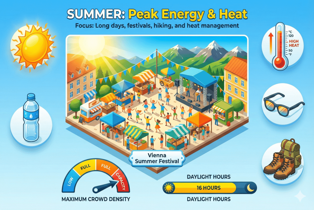 An isometric infographic titled "SUMMER: Peak Energy & Heat" focusing on long days and festivals in Vienna. The central illustration shows a busy summer festival in a town square with food stalls, a live band, and dancing crowds. Surrounding icons depict a thermometer showing high heat, a water bottle, sunglasses, and hiking gear. Charts at the bottom display a "Maximum Crowd Density" gauge in the red zone and a bar indicating "16 Hours" of daylight.
