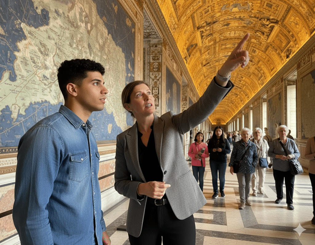 The Hybrid Travel Strategy: How to Combine Guided and Independent Travel - A woman in a grey blazer points toward the ornate ceiling while standing next to a man in a denim shirt inside the Gallery of Maps at the Vatican Museums. Large blue historical maps cover the walls, and the corridor stretches back with a golden vaulted ceiling.