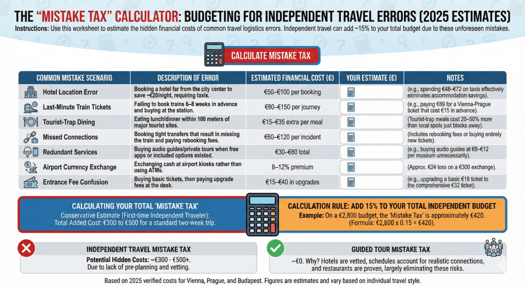 2025 Travel Mistake Tax Calculator infographic showing hidden costs of independent travel vs guided tours.