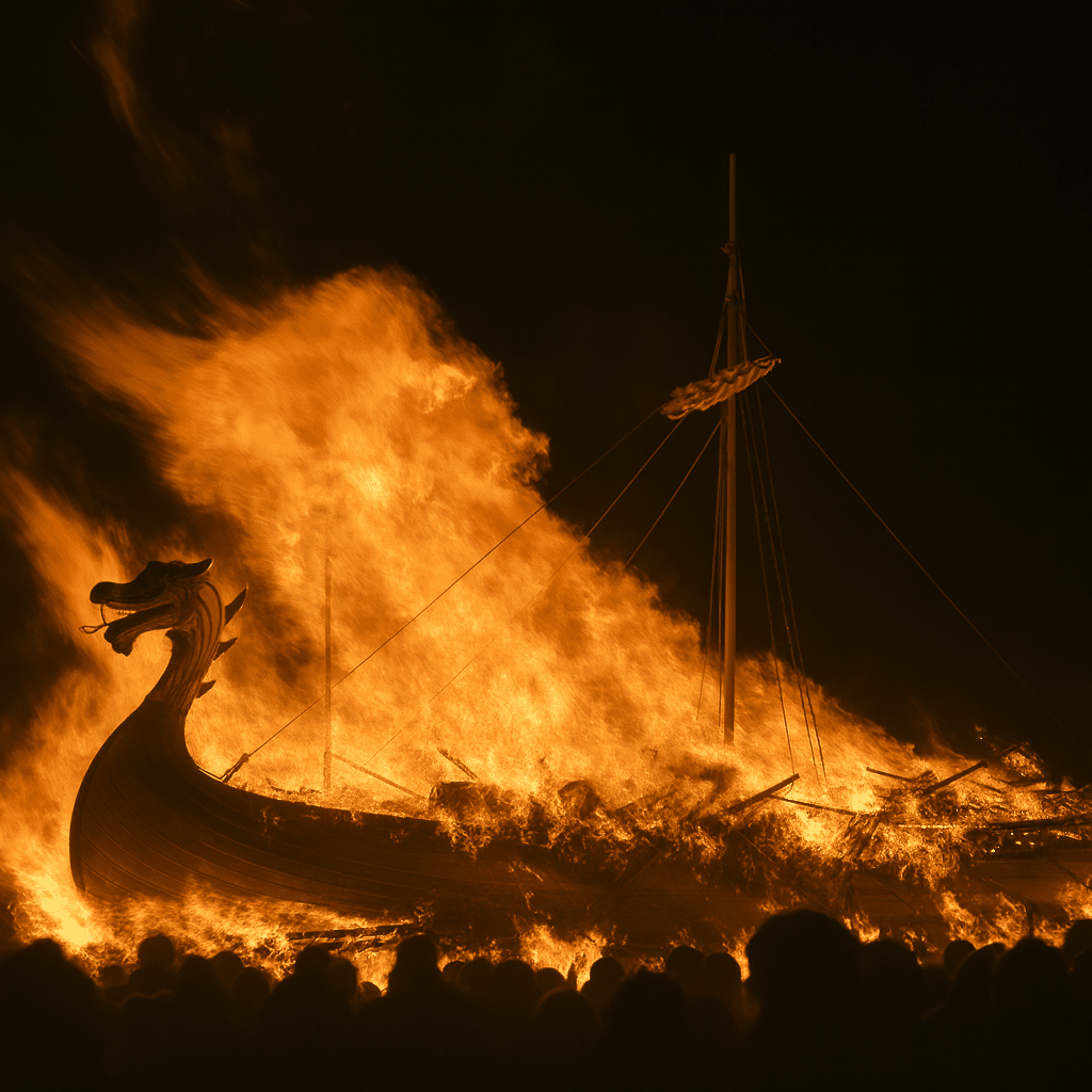 A dramatic night scene showing a wooden Viking longship being engulfed in massive orange flames during the Up Helly Aa fire festival in Lerwick, Shetland, with a silhouetted crowd watching in the foreground.