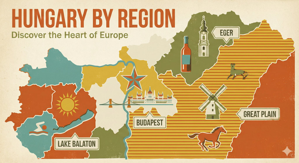 Hungary Travel: The Definitive Guide for Culturally Curious Travelers - retro-style illustrated map titled "HUNGARY BY REGION Discover the Heart of Europe," featuring labeled areas including Budapest, Eger, Lake Balaton, and the Great Plain, decorated with icons of the Parliament building, a wine bottle, a windmill, and a running horse.