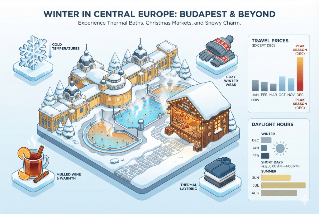 An isometric travel infographic titled "Winter in Central Europe: Budapest & Beyond." The illustration features the famous Széchenyi Thermal Bath with steaming outdoor pools and snowy yellow architecture, next to a wooden "Budapest Christmas Market" stall. Surrounding icons depict a snowflake for "Cold Temperatures," a mug of "Mulled Wine & Warmth," "Cozy Winter Wear" (hat and gloves), and "Thermal Layering" clothes. Charts on the right show "Travel Prices" peaking in December and "Daylight Hours" being short in winter.