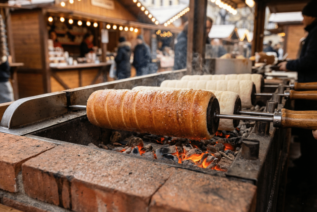 Cylindrical dough cakes rotating on a spit over glowing charcoal embers at an outdoor market stall.