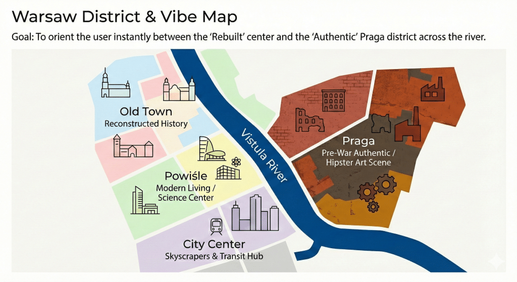 A stylized map of Warsaw divided by the Vistula River, highlighting key districts: Old Town, Powiśle, City Center, and Praga.
