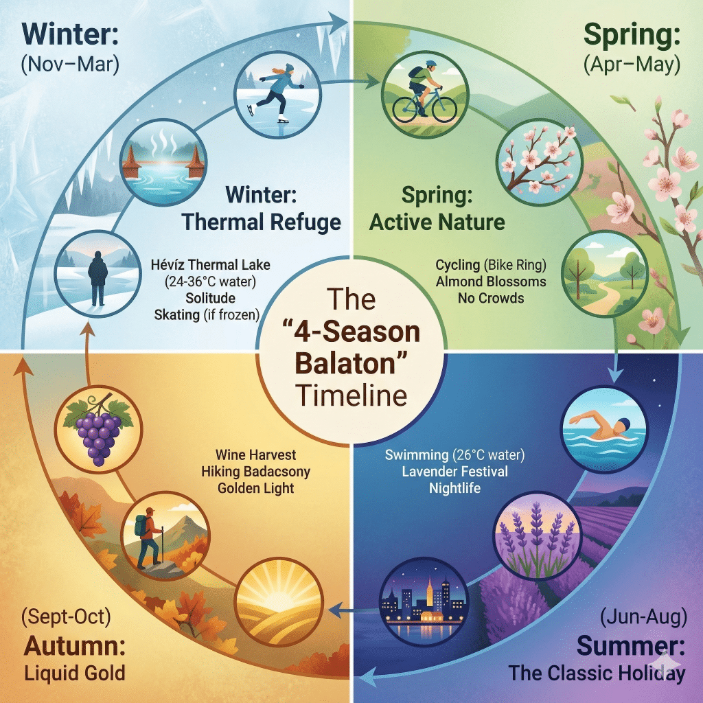 A four-quadrant infographic wheel showing Lake Balaton activities by season: skating in winter, cycling in spring, swimming in summer, and wine harvest in autumn.