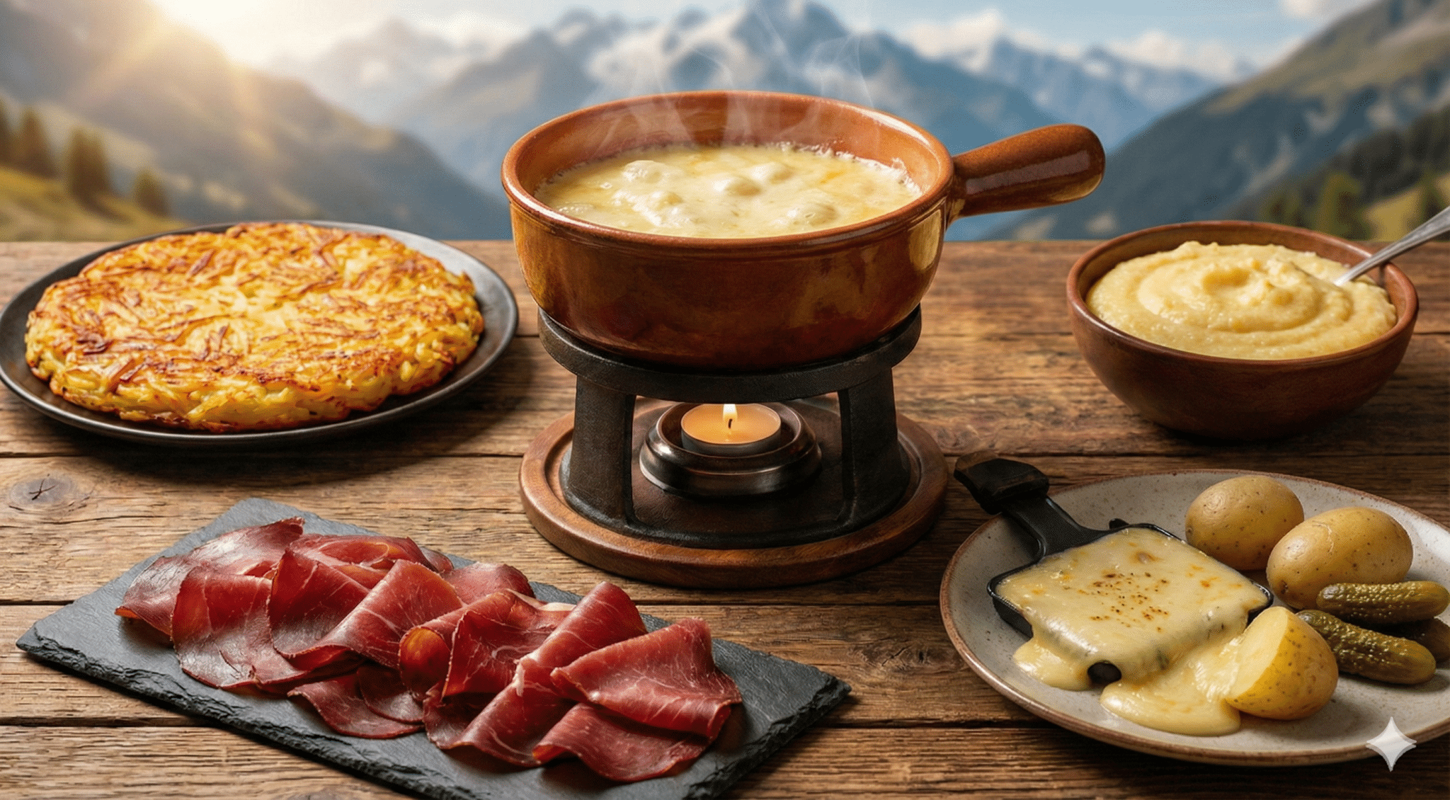 A rustic wooden table set with a traditional Swiss feast featuring a steaming ceramic cheese fondue pot over a candle flame, a large golden potato rösti, a slate board with sliced air-dried beef, and a plate of melted raclette cheese with potatoes and pickles, all set against a sunny, blurred Alpine mountain backdrop.