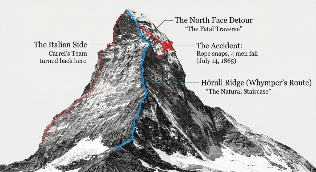 A diagram overlaid on a black and white photo of the Matterhorn, illustrating the 1865 climbing routes. A blue line marks the Hörnli Ridge (Whymper's Route), and a red line marks the North Face Detour where the fatal accident occurred, marked by a red X.