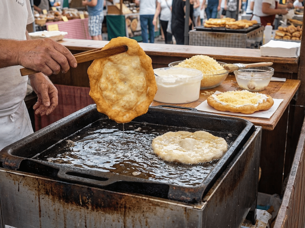 A street food vendor using tongs to lift a large, golden-brown fried flatbread out of a deep fryer.