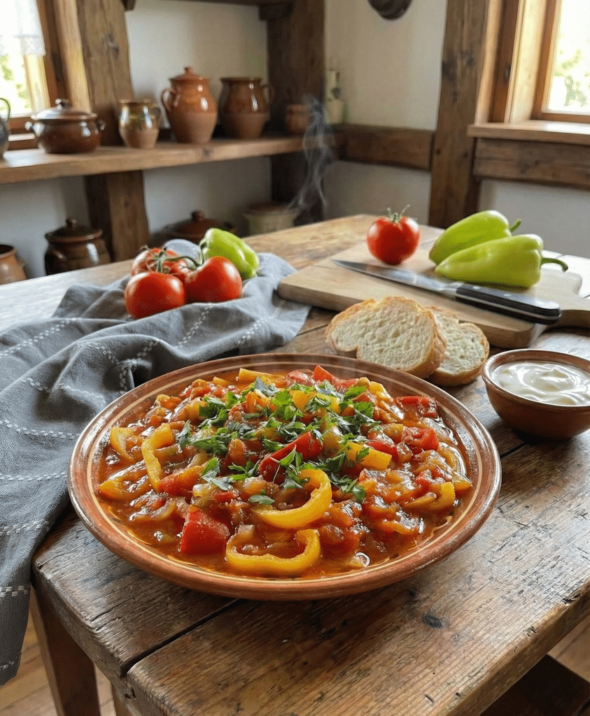 A rustic bowl of stewed peppers, tomatoes, and onions steaming on a farmhouse table with fresh ingredients nearby.
