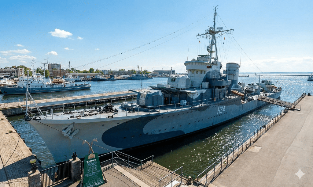 Wide angle shot of the gray camouflage-painted destroyer ship ORP Błyskawica docked at a concrete pier in Gdynia, with blue water and harbor infrastructure in the background.
