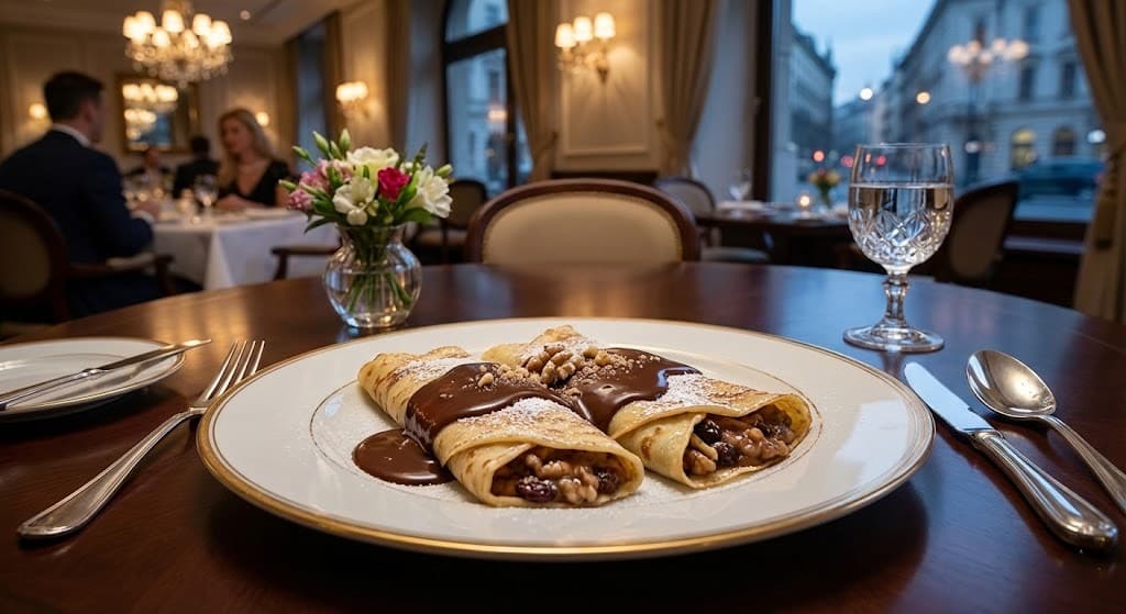 An elegant restaurant setting featuring two folded crepes covered in rich chocolate sauce and walnuts.