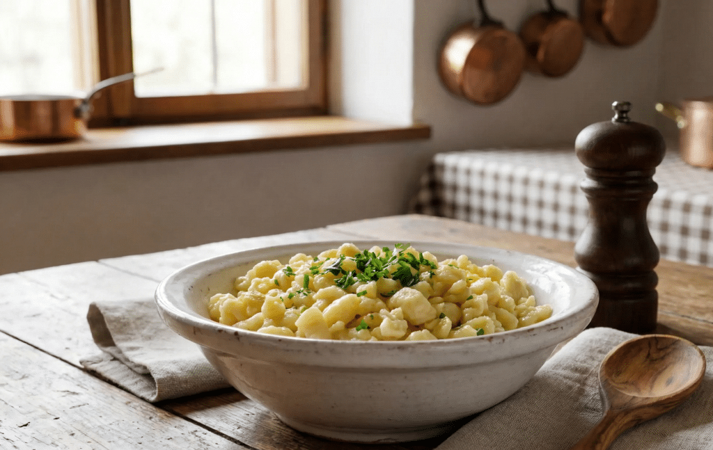 A rustic white bowl filled with fresh, small egg dumplings (nokedli) garnished with herbs on a wooden table.