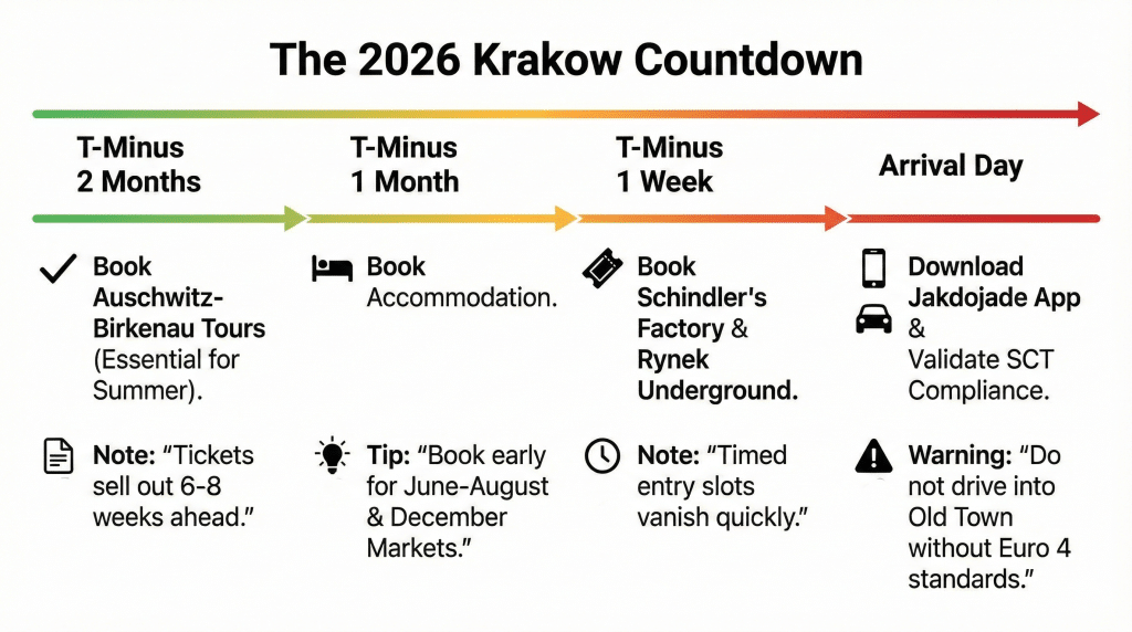 Infographic timeline showing 2026 booking deadlines for Auschwitz (2 months out) and Schindler's Factory (1 week out), plus the Clean Transport Zone warning for arrival.