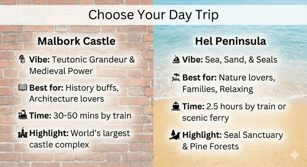 A comparison infographic titled "Choose Your Day Trip." Left side shows a brick background for Malbork Castle with icons for "Vibe: Teutonic Grandeur." Right side shows a beach background for Hel Peninsula with icons for "Vibe: Sea, Sand, & Seals."