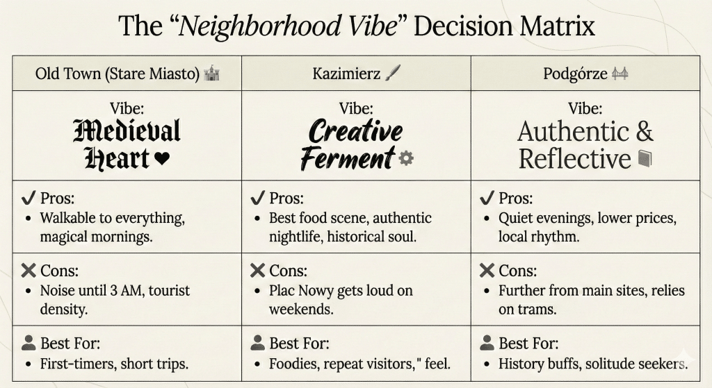 Comparison chart infographic detailing the vibes, pros, and cons of staying in Old Town (Medieval Heart), Kazimierz (Creative Ferment), and Podgórze (Authentic & Reflective).