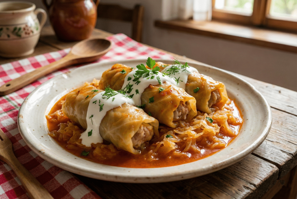 Three cabbage rolls stuffed with meat and rice, topped with fresh sour cream and dill on a rustic ceramic plate.