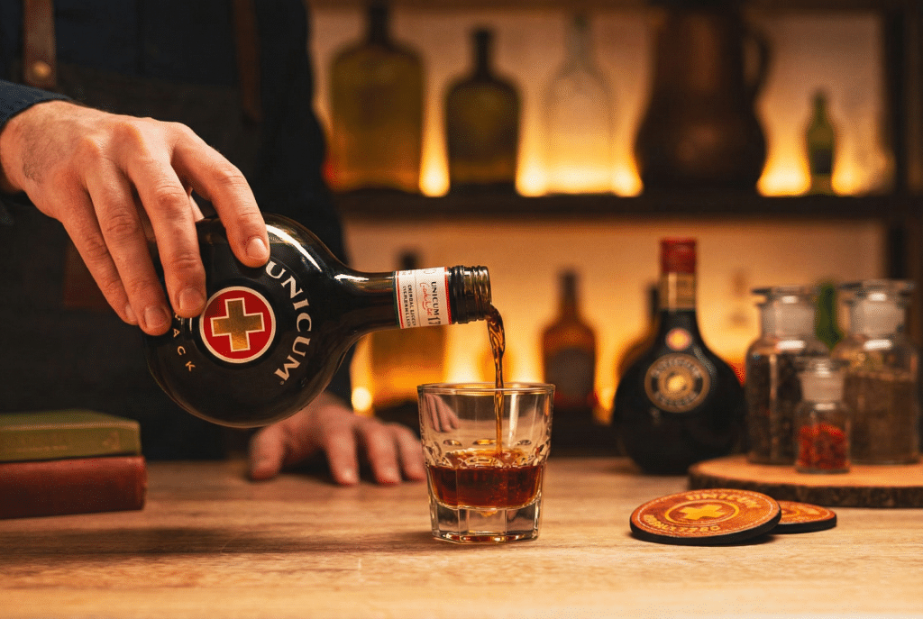 A hand pouring a dark herbal liqueur from a round bottle with a red cross logo into a glass.
