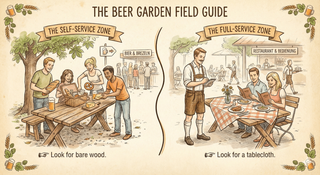 Split-screen illustration explaining Munich beer garden etiquette. Left side shows "Self-Service Zone" with people eating a picnic at a bare wooden table. Right side shows "Full-Service Zone" with a waiter serving customers at a table with a checkered tablecloth.
