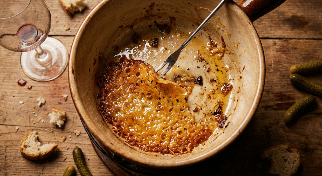 op-down view into an empty fondue pot showing the crispy, amber-gold toasted cheese crust known as La Religieuse being pried up with a fork.