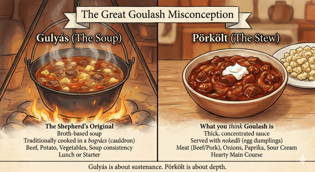 Illustrated comparison chart showing the difference between Gulyás (soup in a cauldron) and Pörkölt (stew on a plate).