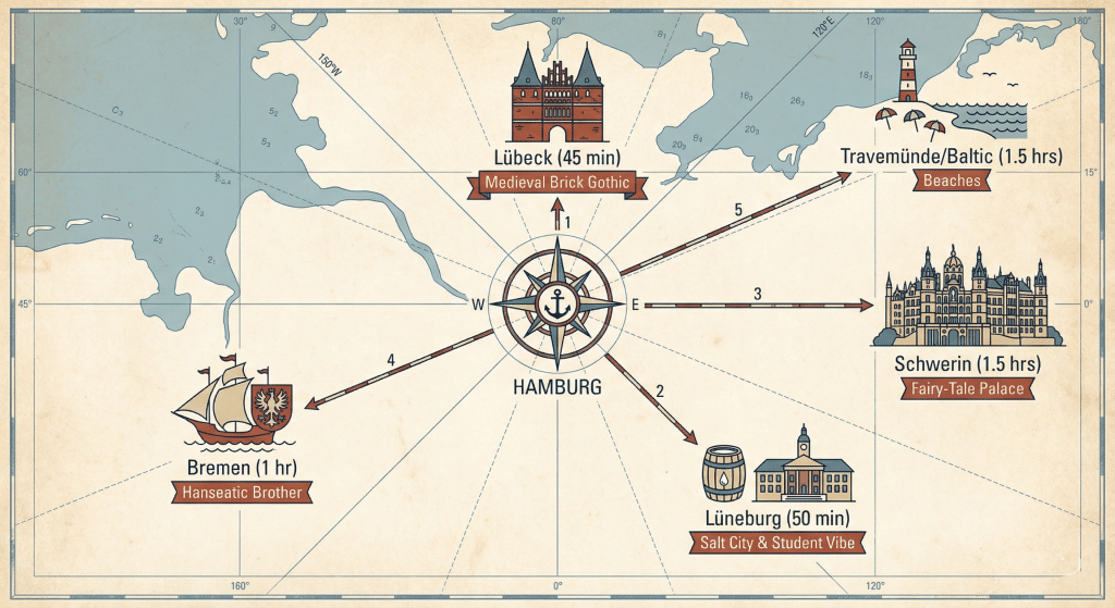 Map of Northern Germany showing travel times from Hamburg to nearby Hanseatic cities like Lübeck, Bremen, and the Baltic coast beaches