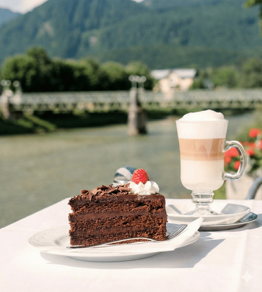 A slice of rich chocolate cake and a glass of Melange coffee served on a white tablecloth with a river view, representing the traditional Austrian coffeehouse culture found in Bad Ischl.