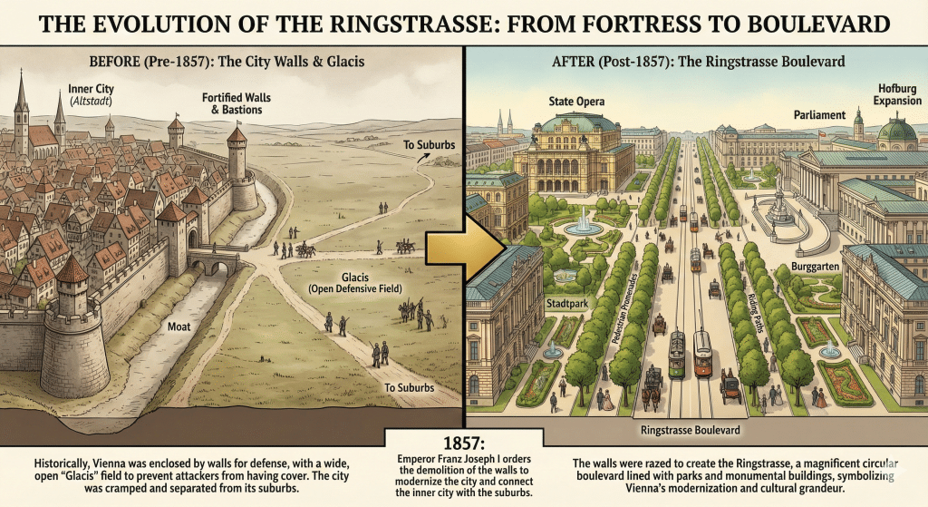 THE EVOLUTION OF THE RINGSTRASSE: FROM FORTRESS TO BOULEVARD." The left panel, titled "BEFORE (Pre-1857)," shows medieval Vienna with fortified walls, bastions, a moat, and the Glacis field. The right panel, "AFTER (Post-1857)," depicts the modern Ringstrasse Boulevard with the State Opera, Parliament, trams, and parks. Bottom text details Emperor Franz Joseph I's 1857 order to modernize the city.