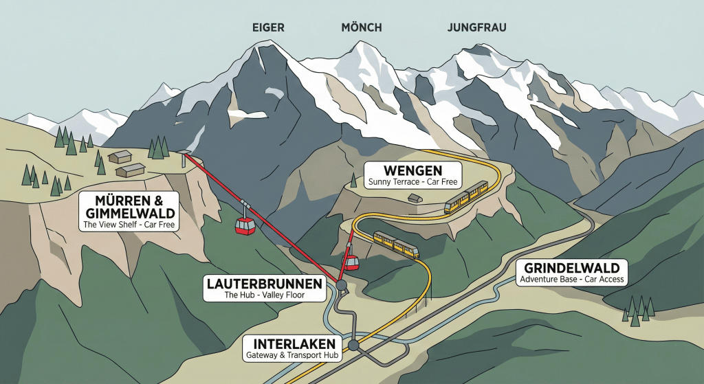 Illustrated transport map of the Jungfrau region showing connections between Interlaken, Lauterbrunnen, Wengen, Grindelwald, and the Eiger, Mönch, and Jungfrau peaks.