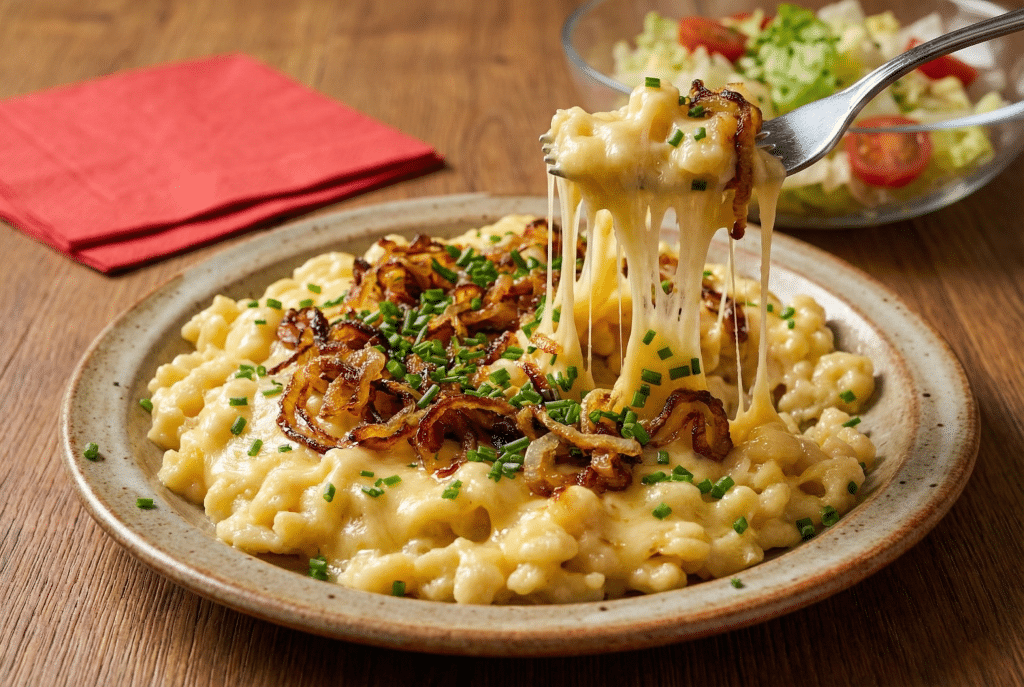 A rustic plate of Kasnocken (Austrian cheese dumplings) with melted cheese strands and fried onions, served in a traditional alpine setting.