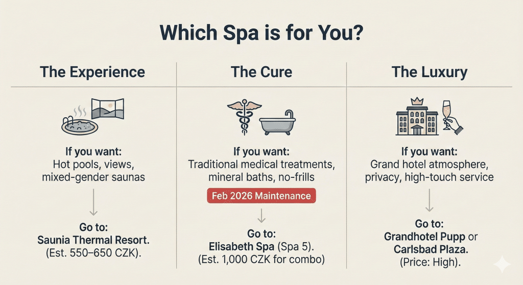 Decision matrix infographic helping travelers choose between Saunia, Elisabeth Spa, or Luxury Hotels