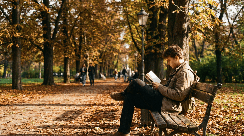 A student sits on a wooden bench reading a book under mature chestnut trees in Kraków's Planty Park during autumn golden hour.
