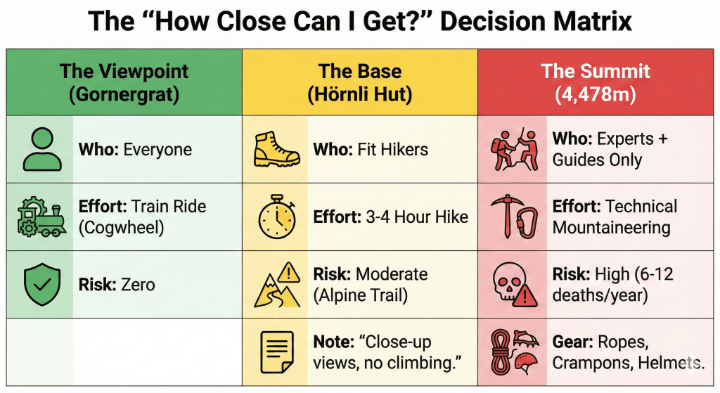 A color-coded decision matrix titled "The 'How Close Can I Get?' Decision Matrix" comparing three levels of accessing the Matterhorn: The Viewpoint (Gornergrat) in green, The Base (Hörnli Hut) in yellow, and The Summit in red. It details audience, effort, risk, and gear for each level.
