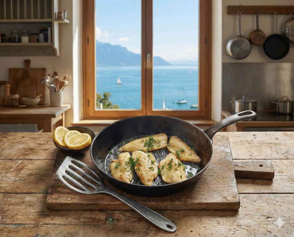 A rustic cast iron skillet containing fried perch fillets (Filets de Perche) with lemon slices, set on a wooden table near a window overlooking the lake.