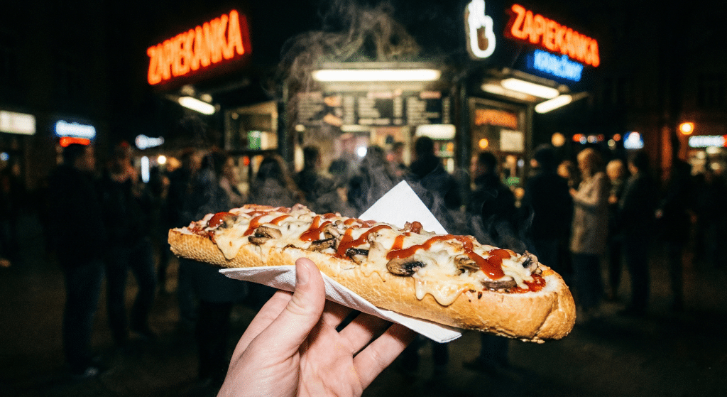 Close-up of a hand holding a toasted zapiekanka baguette topped with mushrooms and cheese, with the blurred neon lights of Plac Nowy food stalls in the background at night.