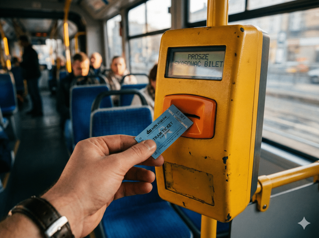 Point-of-view close-up shot of a hand inserting a paper ticket into a yellow tram validation machine inside a Kraków tram.