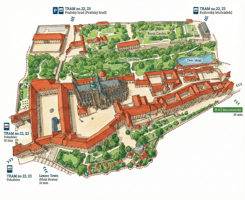 Hand-drawn isometric map of the Prague Castle complex, featuring St. Vitus Cathedral, Royal Garden, and tram stops (no. 22, 23). The map uses watercolor textures to depict red roofs and green gardens.
