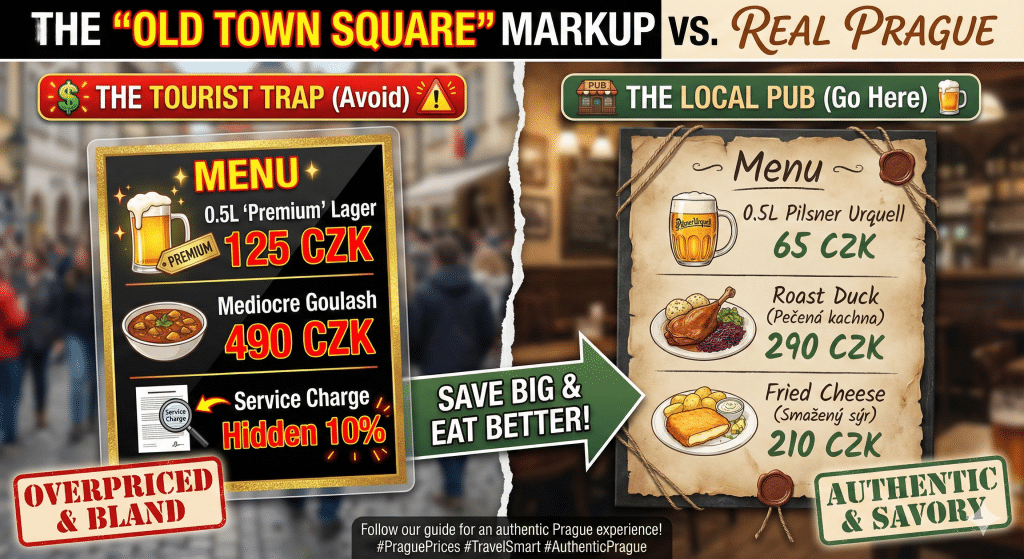 Prague 3-Day Itinerary: A Tour Director’s Strategic Guide - The Old Town Square Markup vs. Real Prague'. Left side shows a 'Tourist Trap' menu with expensive prices (125 CZK beer). Right side shows a 'Local Pub' parchment menu with authentic prices (65 CZK Pilsner Urquell) and food illustrations.