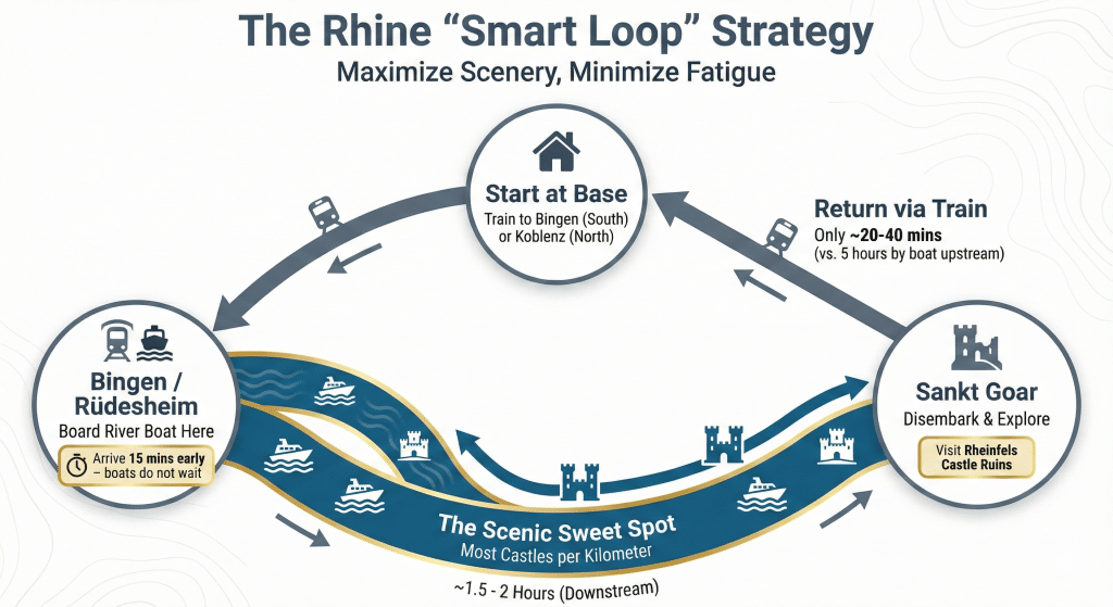 The Rhine Smart Loop Strategy" showing a circular route between a Base Town (Bingen/Koblenz) and Sankt Goar. It visualizes taking a train one way (20-40 mins) and a river boat the other way (1.5-2 hours) to maximize scenery and minimize fatigue. Icons indicate train stations, boats, and castles.