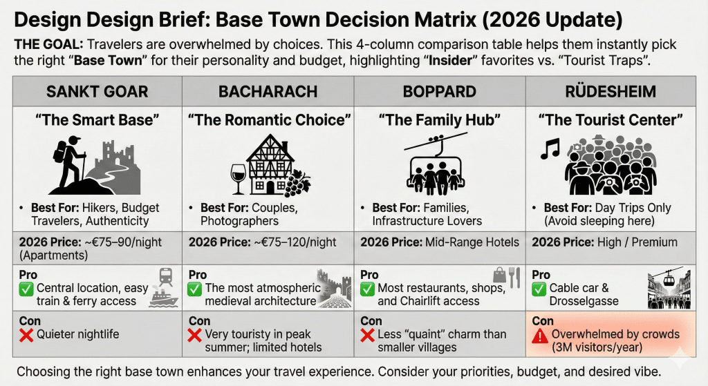 A comparison chart titled "Base Town Decision Matrix (2026 Update)" comparing Sankt Goar, Bacharach, Boppard, and Rüdesheim. It lists categories like "Best For," "2026 Price," "Pro," and "Con" for each town, using icons to represent hikers, wine, families, and crowds.